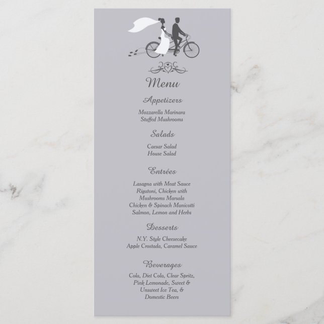 25 Bicycle for Two Wedding Reception Menu Cards (Front)