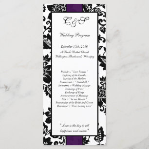 25 Black/Purple Floral Damask Wedding Programs Programme