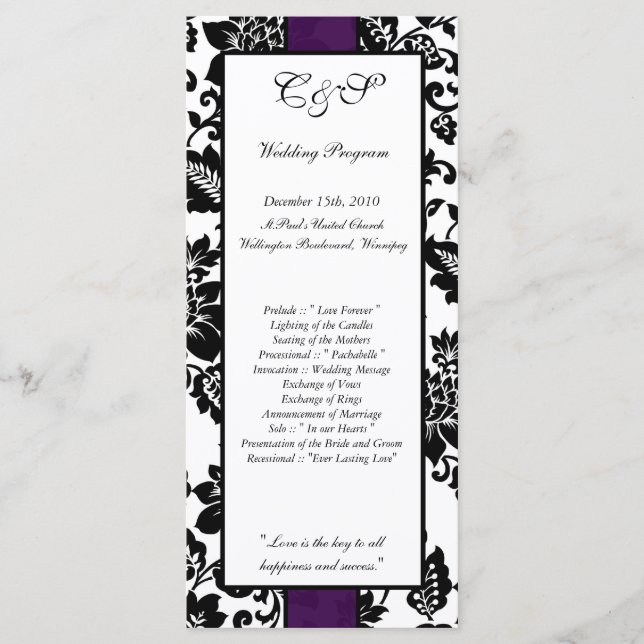 25 Black/Purple Floral Damask Wedding Programs Programme (Front)