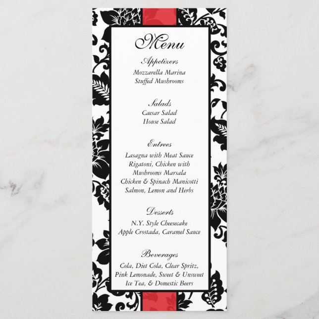 25 Black/Red Floral Damask Wedding Menu (Front)
