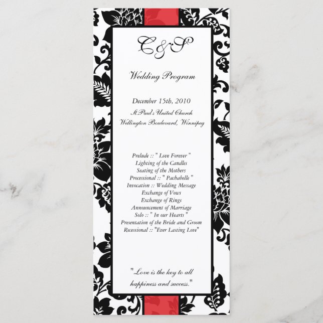 25 Black/Red Floral Damask Wedding Programs Programme (Front)