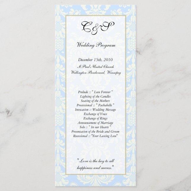 25 Blue/White Damask Wedding Programs Programme (Front)