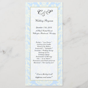 25 Blue/White Damask Wedding Programs Programme