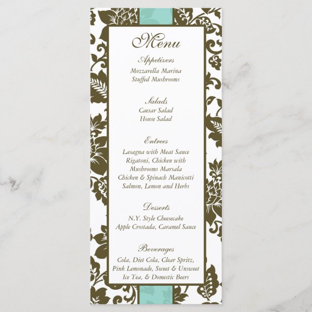 25 Brown/Blue Floral Damask Wedding Menu (Front)