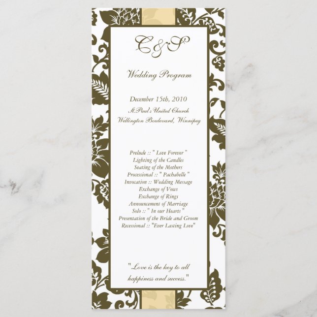 25 Brown/Creme Floral Damask Wedding Programs Programme (Front)