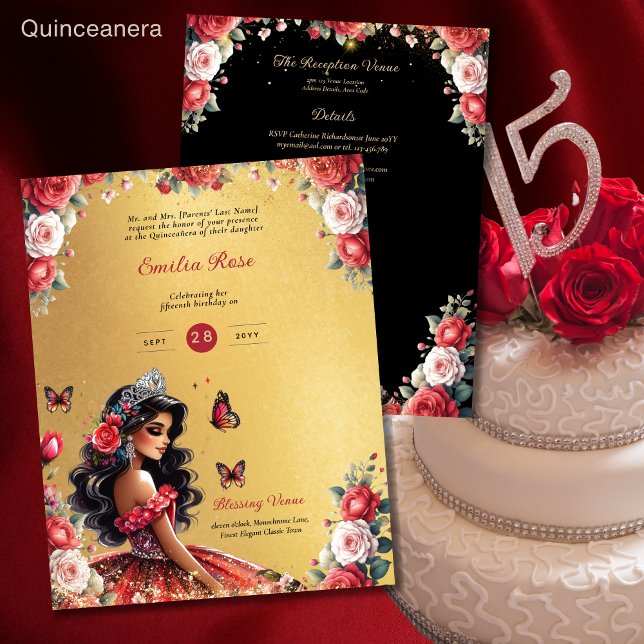 25 BUDGET Red Black Quinceanera Dress Floral Paper (Creator Uploaded)