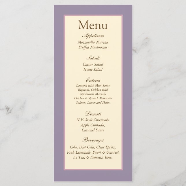25 Elegant Purple Wedding Menu Tags (Front)