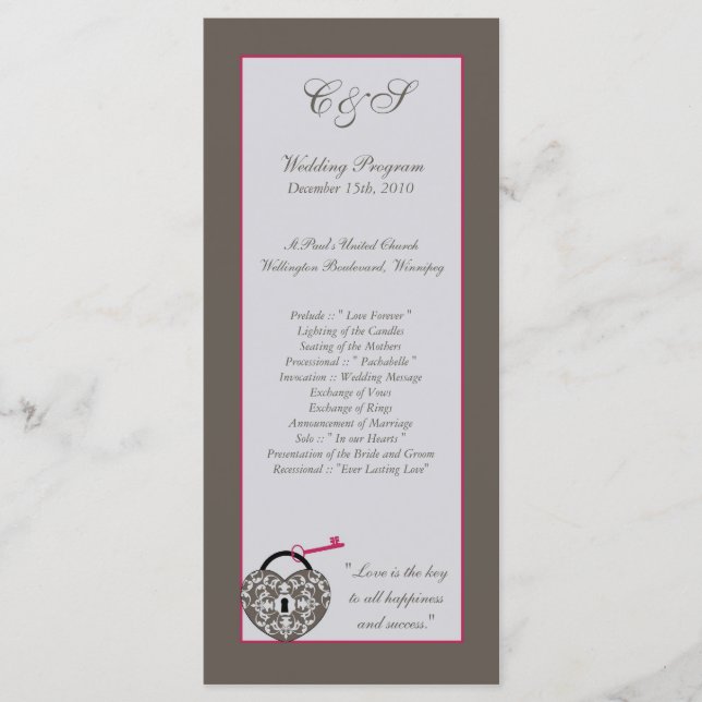 25 Heart Lock Wedding Programs Programme (Front)
