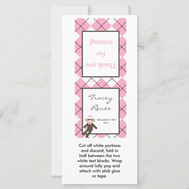 25 Lollipop Topper Pink Argyle Sock Monkey (Front)