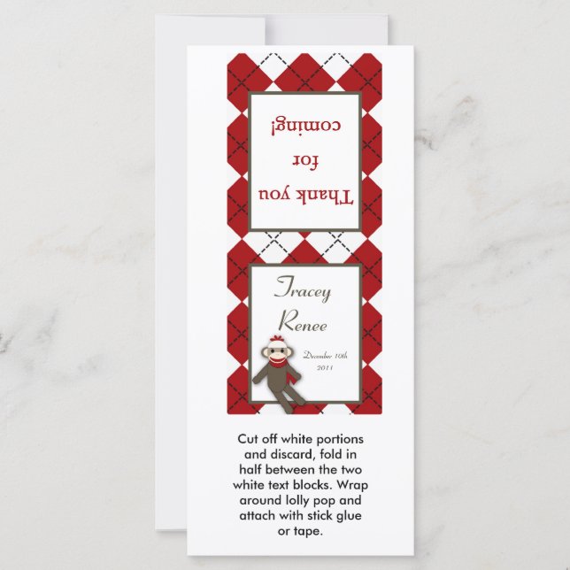 25 Lollipop Topper Red Sock Monkey Argyle (Front)