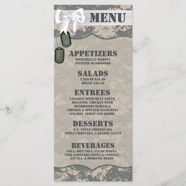 25 Menu Cards ARMY ACU Uniform Camo Camouflage Dig (Front)