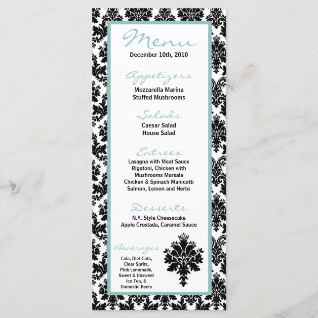 25 Menu Cards Black Damask Lace Print (Front)