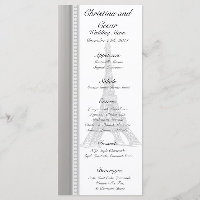25 Menu Cards Black Eiffel Tower (Front)