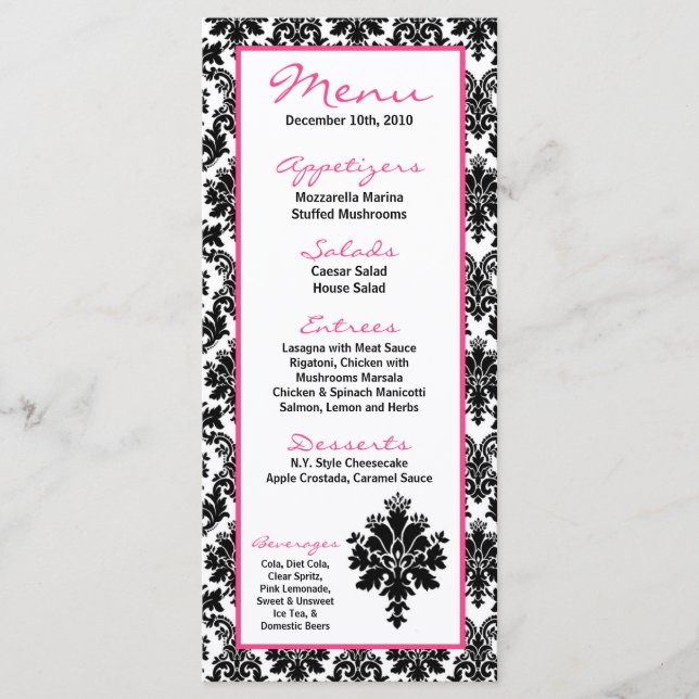 25 Menu Cards Black Hot Pink Damask Lace Print (Front)