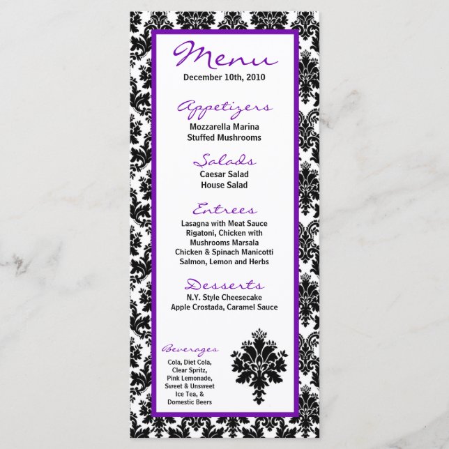 25 Menu Cards Black Purple Damask Lace Print (Front)