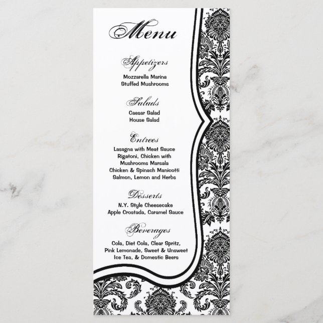 25 Menu Cards Black White Damask Lace Print Patter (Front)