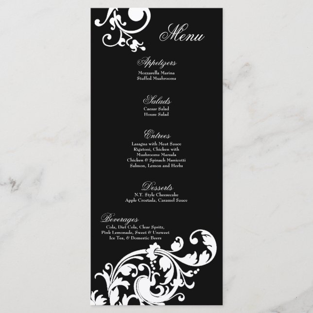 25 Menu Cards Black White Floral Filigree Flower (Front)