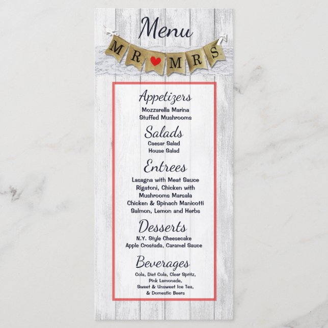 25 Menu Cards Burlap Mr. and Mrs. Banner (Front)