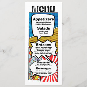 25 Menu Cards Comic Strip Book Pop Art Cartoon