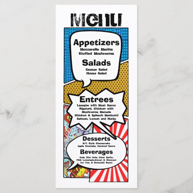 25 Menu Cards Comic Strip Book Pop Art Cartoon (Front)