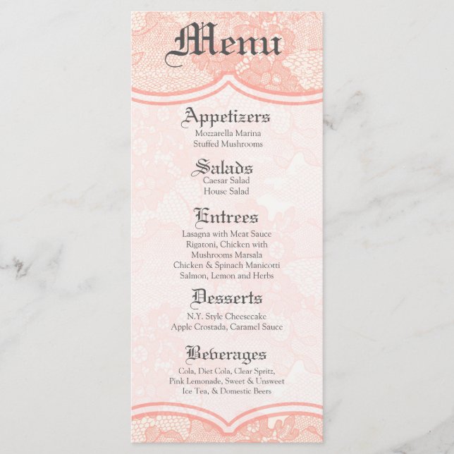 25 Menu Cards Country Coral Lace Print Fabric Patt (Front)