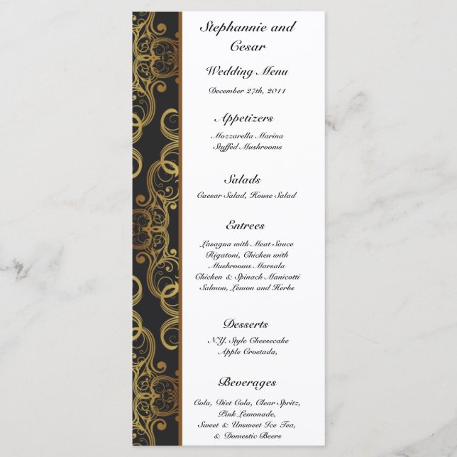 25 Menu Cards Gold and Black Damask (Front)