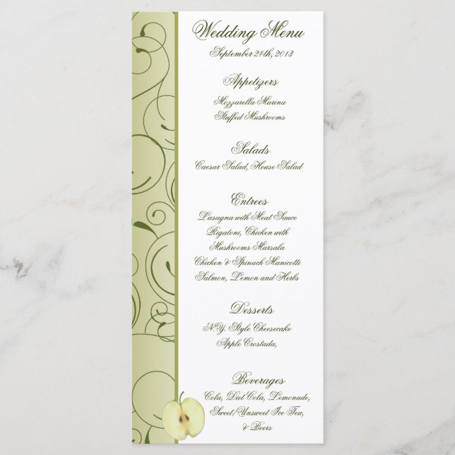 25 Menu Cards Green Apple Swirls Fruit (Front)