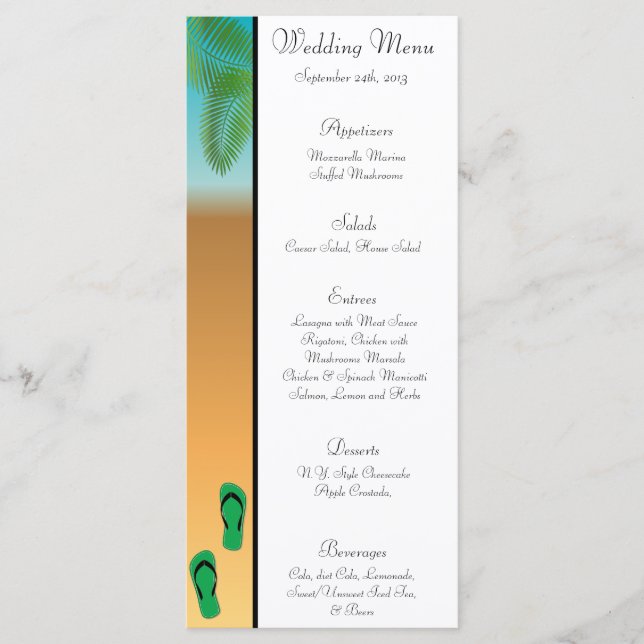 25 Menu Cards His/Hers Sandals On Beach plam trees (Front)