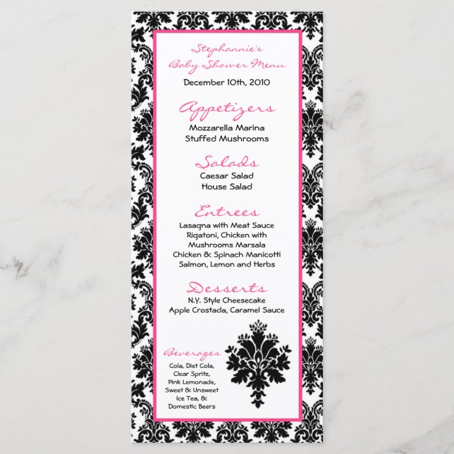 25 Menu Cards Hot Pink Black Damask (Front)