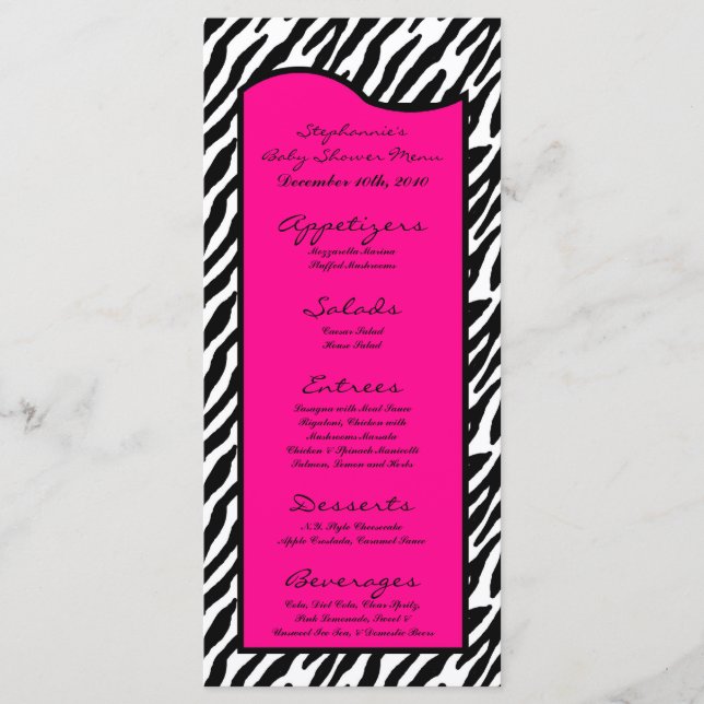 25 Menu Cards Hot Pink Zebra Print (Front)