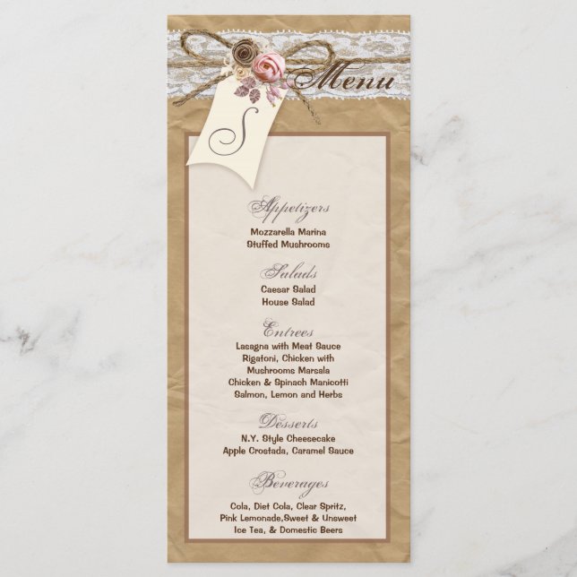 25 Menu Cards Kraft Paper Lace Twine Bow Rose Sati (Front)