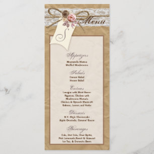 25 Menu Cards Kraft Paper Lace Twine Bow Rose Sati