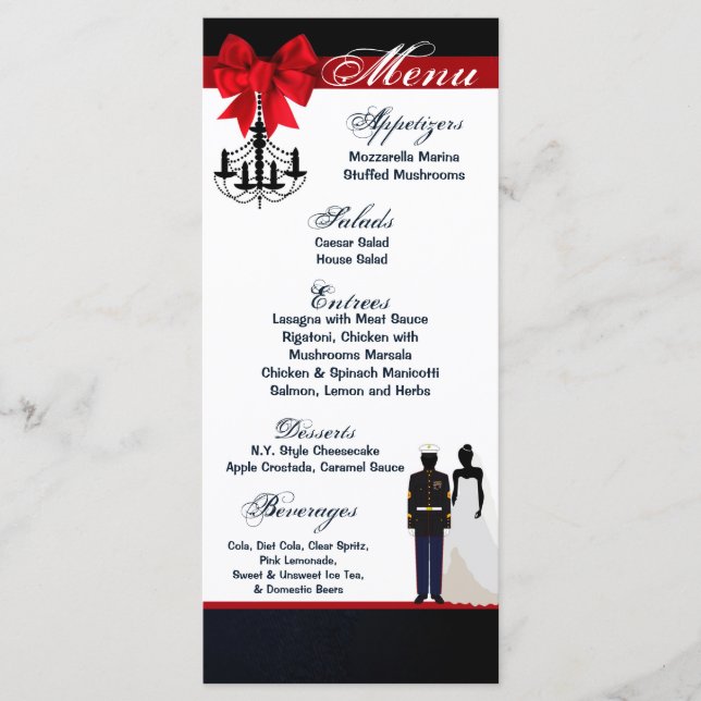 25 Menu Cards Marine Uniform Groom Bride Dress Blu (Front)
