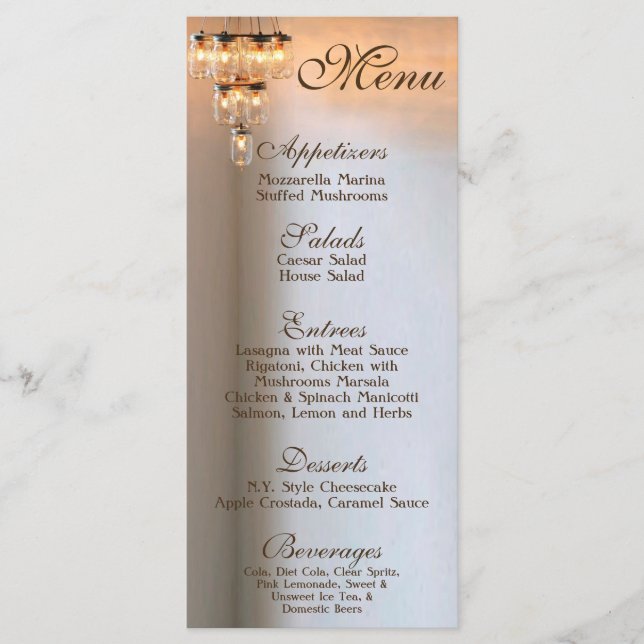 25 Menu Cards Mason Jar Chandelier Candles Rustic (Front)