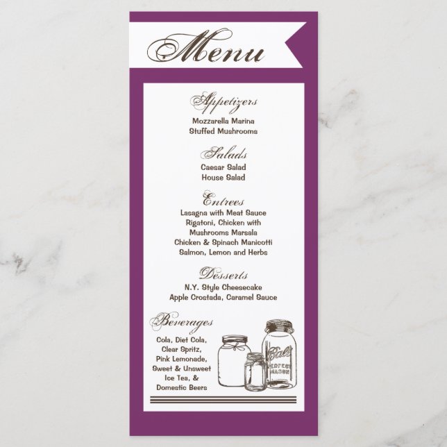 25 Menu Cards Mason Jar Country Rustic Vases Bottl (Front)