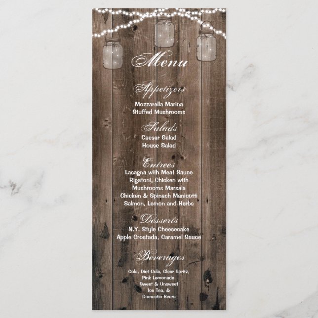 25 Menu Cards Mason Jar String Lights Barn Wood (Front)