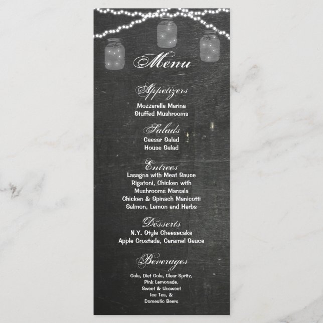 25 Menu Cards Mason Jar String Lights Chalk Board (Front)
