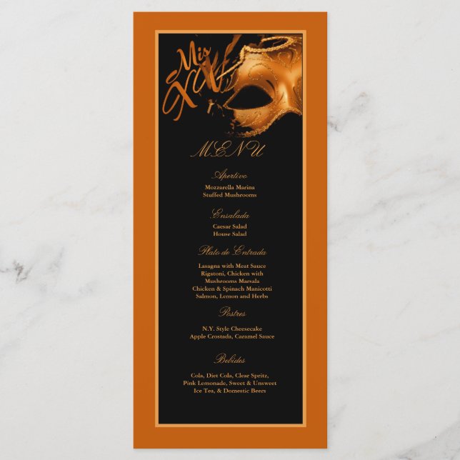 25 Menu Cards Mis XV Orange Black Party (Front)