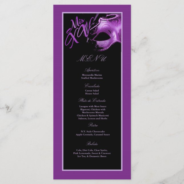 25 Menu Cards Mis XV Purple Lilac Black Party (Front)