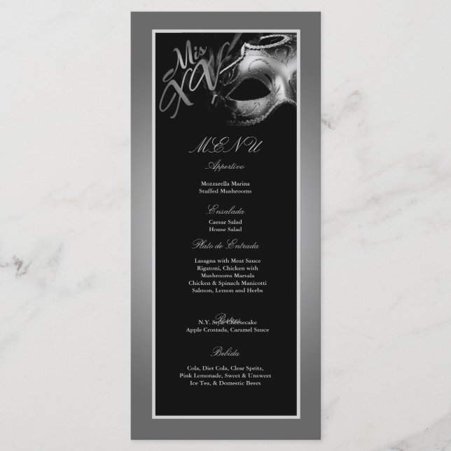 25 Menu Cards Mis XV Silver Black Party (Front)