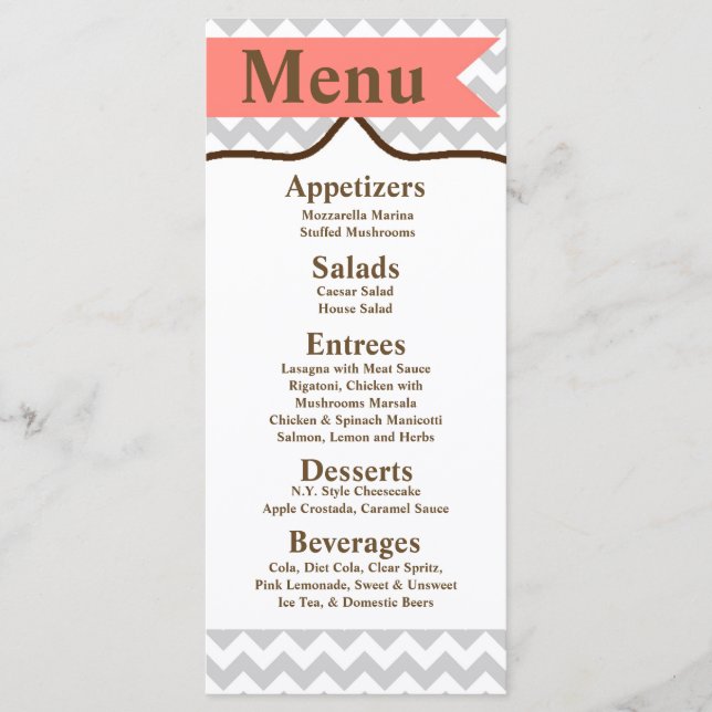 25 Menu Cards Modern Chevron Stripe Coral Zig Zag (Front)