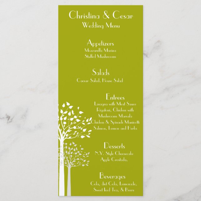 25 Menu Cards Modern Green/White Trees White lime (Front)