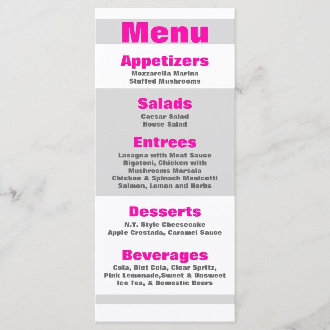 25 Menu Cards Modern Neon Stripe Pink 80s Retro (Front)