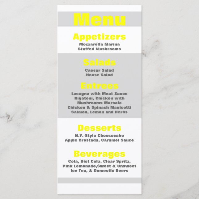 25 Menu Cards Modern Neon Stripe Yellow 80s Retro (Front)