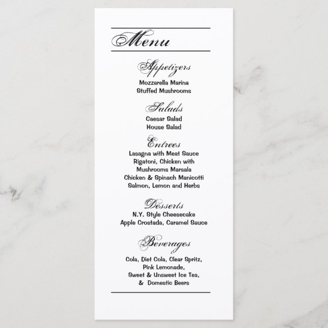 25 Menu Cards Modern Typography Newsprint Black (Front)