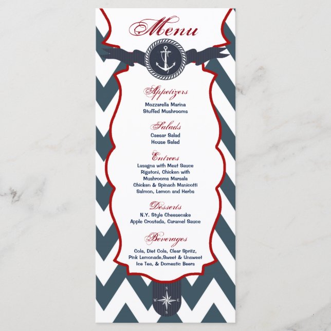 25 Menu Cards Nautical Anchor Compass Ocean Navy (Front)