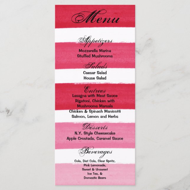 25 Menu Cards Ombre Stripe Pink Line Fade Water (Front)