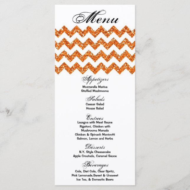 25 Menu Cards Orange Glitter Chevron Zig Zag Print (Front)