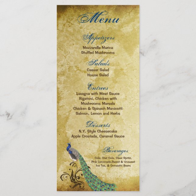 25 Menu Cards Peacock Vintage Feathers Bird (Front)