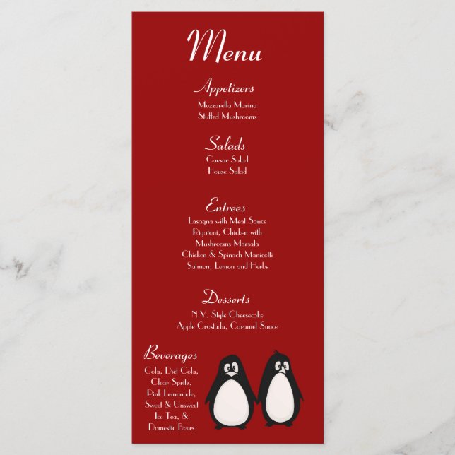 25 Menu Cards Penguin Love Couple Mate for Life (Front)